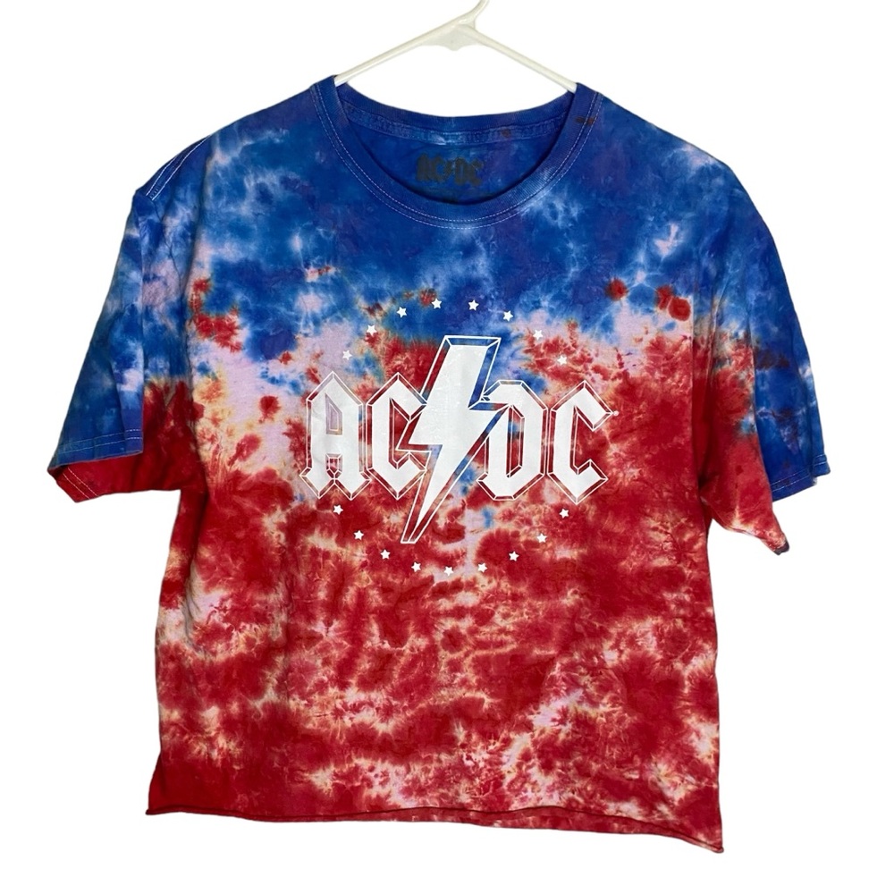 Women’s ACDC Retro Blue and Red Tie Dye Cropped Short Sleeve Tee Size Me…